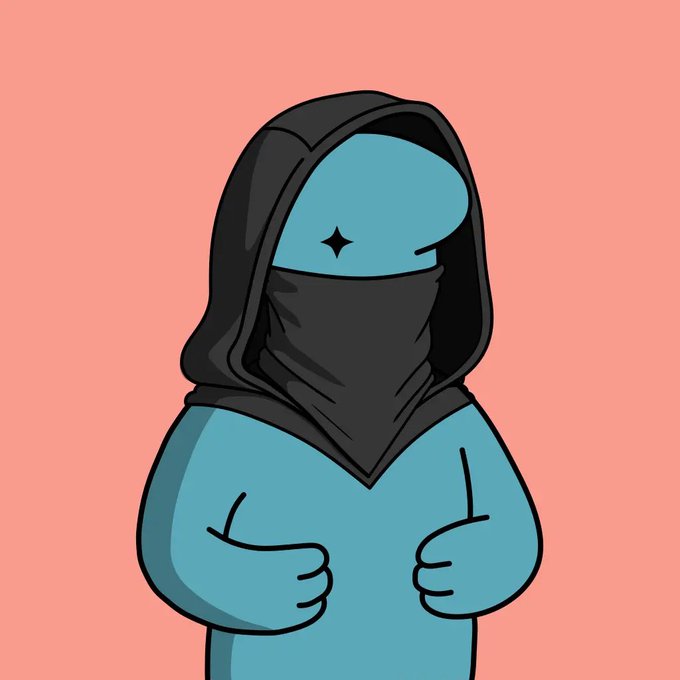 A stylized cartoon illustration depicts a blue-skinned hooded figure with a black face covering and a four-pointed star on their forehead, with hands clasped against a salmon-colored background.