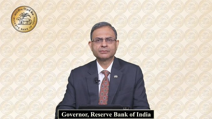 The image shows Sanjay Malhotra, Governor of the Reserve Bank of India, identified by the caption "Governor, Reserve Bank of India" and the RBI emblem behind him, delivering an announcement following the central bank's decision to raise the interest rate by 25 basis points to 5.5%.
