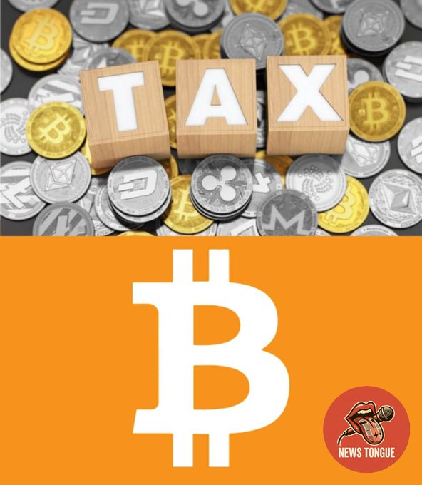 A split image about cryptocurrency taxes: the top shows wooden blocks spelling 'TAX' on a pile of various crypto coins (Bitcoin, Ethereum, etc.), while the bottom is an orange banner with a large white Bitcoin logo and the 'NEWS TONGUE' logo.