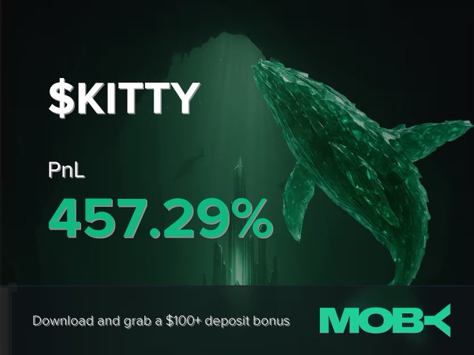 A promotional graphic from Moby displays a trader "@$KITTY" celebrating a PnL of 457.29%, featuring a large green whale graphic over an underwater city backdrop, with a call-to-action offering a $100+ deposit bonus to download the app.