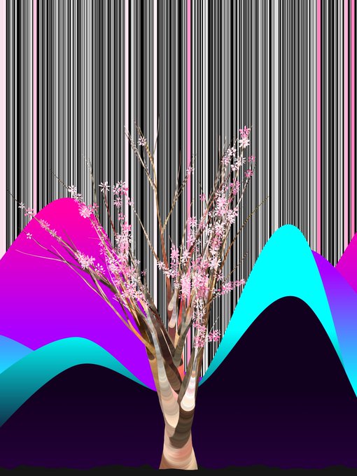 A stylized digital artwork combining a 3D-rendered bare tree with pink blossoms against a background of vertical black, white, and pink lines, overlaid with colorful gradient mountain shapes in pink, purple, and cyan.