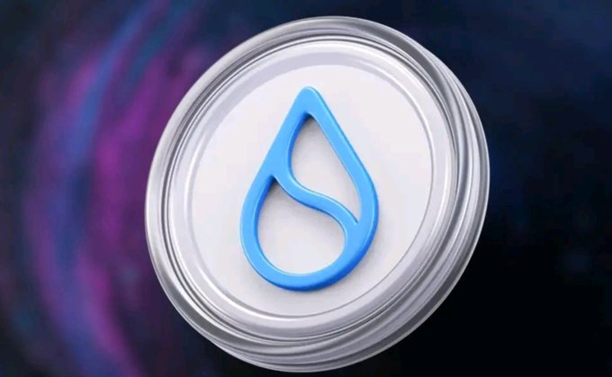 The Sui cryptocurrency logo, featuring a blue water drop symbol inside a silver coin-like circle against a dark purple and black background.