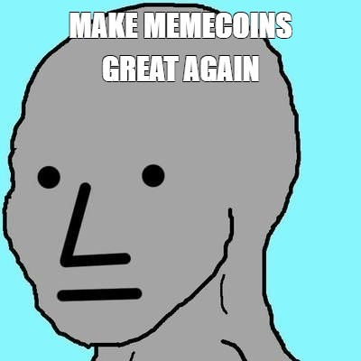 The image features a classic "NPC Wojak" meme face—a gray, blank-expression cartoon character—set against a light blue background with the bold white text "MAKE MEMECOINS GREAT AGAIN" displayed at the top. The post pairs this imagery with $NPC to evoke a humorous call-to-action for meme culture and crypto, using the NPC Wojak as a relatable mascot to rally support for the token.