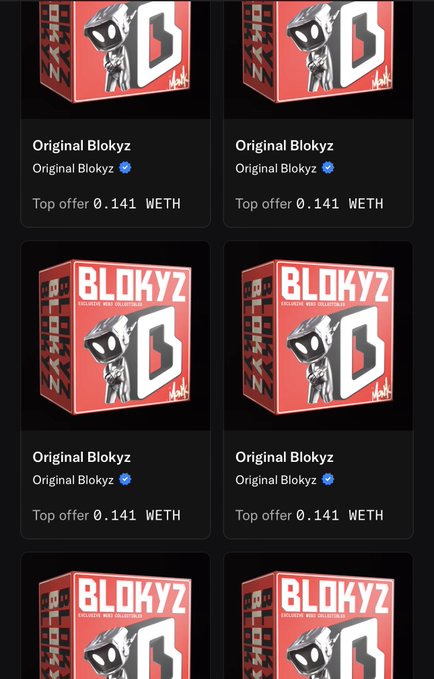A grid of NFT listings for 'Original Blokyz' boxes, each with a top offer of 0.141 WETH.