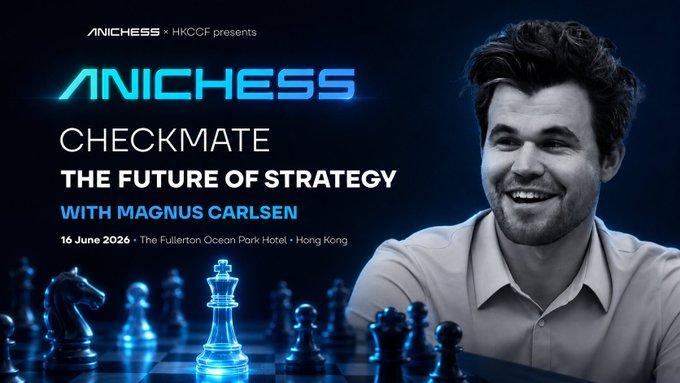 The image features a man sitting at a chessboard with a large glass chess piece in front of him. The background shows a blue sky and clouds, creating an atmosphere for the scene. There are also several other chess pieces scattered around the board. In the foreground, there is text that reads "Checkered Checkmate: The Future of Strategy", which suggests that this image is related to a chess tournament or event featuring Magnus Carlsen as one of the participants.
