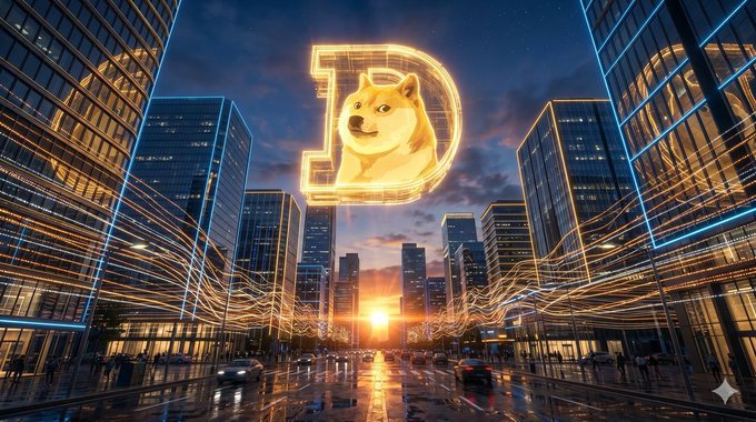 The image features a cityscape with tall buildings, including a prominent neon sign that reads "DOGE" above a street filled with cars. The sun is setting behind these buildings, creating a beautiful backdrop for the scene. In the foreground of the image, there's an illustration of a dog character, which appears to be a logo or symbol associated with Dogecoin. The caption below the image provides information about the Dogecoin logo and its market cap.