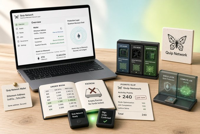 A promotional display shows Quip Network's Quantum-Resistant L3 Layer featuring a laptop interface, hardware wallet devices, an order book, points slip, and various crypto/security product cards.