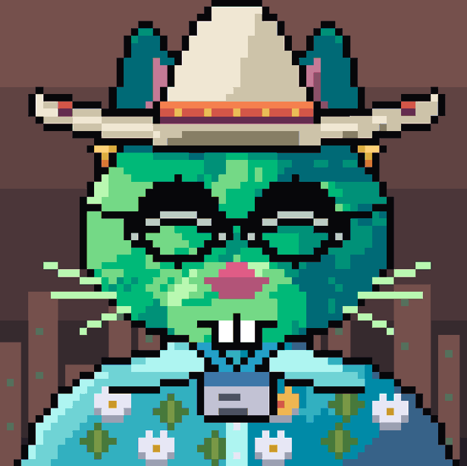 Pixel art portrait of a green cat wearing black pixelated sunglasses, a white cowboy hat, and a floral blue Hawaiian shirt.