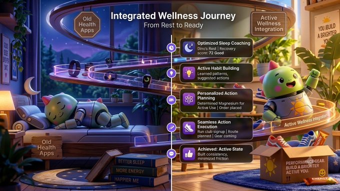 An infographic titled 'Integrated Wellness Journey - From Rest to Ready' featuring a cartoon character sleeping on one side and exercising on the other, with steps including 'Optimized Sleep Coaching,' 'Active Habit Building,' 'Personalized Action Planning,' 'Seamless Action Execution,' and 'Achieved: Active State.'