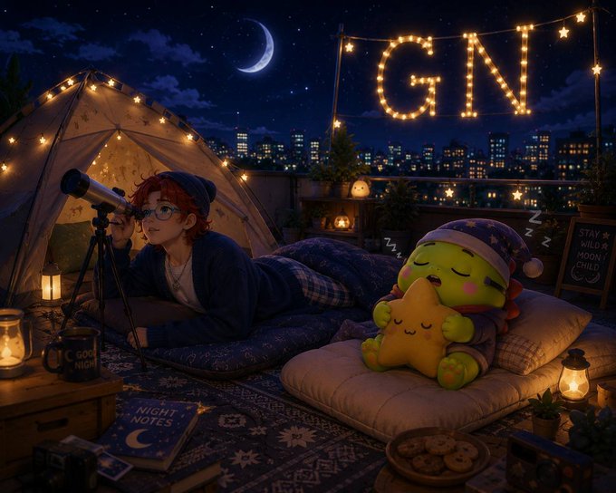 A cozy nighttime rooftop scene featuring a tent, warm string lights spelling 'GIN', a crescent moon, a stargazer looking through a telescope, and a sleeping cartoon dinosaur plushie hugging a star toy.