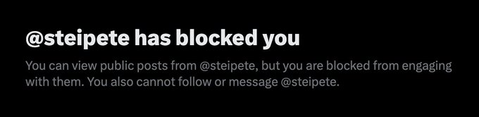 A screenshot showing a Twitter/X notification that reads '@steipete has blocked you. You can view public posts from @steipete, but you are blocked from engaging with them. You also cannot follow or message @steipete.'