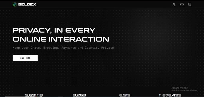 A Beldex website landing page with a dark background, featuring the headline 'PRIVACY, IN EVERY ONLINE INTERACTION' and a subtitle reading 'Keep your Chats, Browsing, Payments and Identity Private,' along with a 'Use BDX' button.