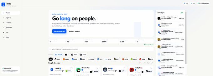 A screenshot of a website called 'long' with the tagline 'Go long on people.', displaying metrics like '$1.32M' revenue and various company logos.