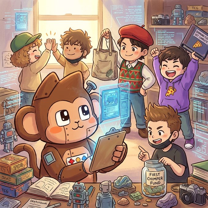 An animated illustration shows a group of excited children and a large monkey character with a robotic helmet, surrounded by tech items, TCG boxes, and a 'FIRST CHIMPER FUND' jar.