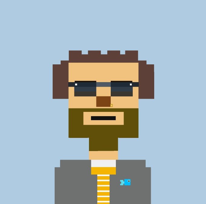 Pixel art of a bearded man wearing sunglasses, a gray suit with a yellow striped tie, and a Twitter bird logo on his lapel, set against a light blue background. The image represents a stylized avatar for the "StonkBroker" community mentioned in the post, which announces the onboarding of 14 new interns and teases continued ecosystem expansion.