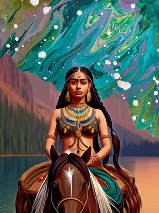 An artistic illustration of a woman adorned with jewelry riding a horse, with a swirling cosmic green and blue aurora-like sky above mountains.
