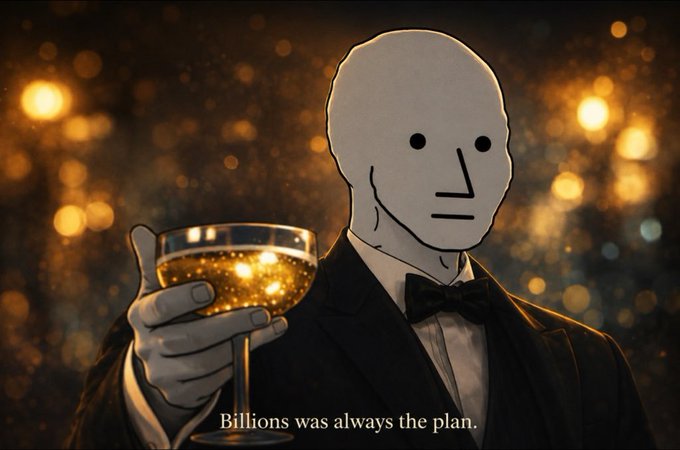 An illustrated figure in a tuxedo with a featureless white mask holds a glowing golden goblet against a bokeh background, with the caption "Billions was always the plan."