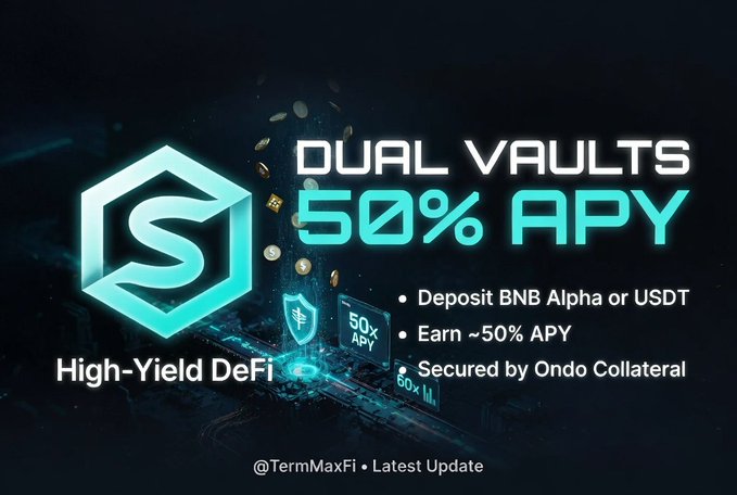 The image depicts a promotional banner for a digital asset trading platform offering dual vault services at 50%. The background features two blue hexagons, one on top of the other with white text reading "S" and another below the first with "Dual Vault". The text displays details about the benefits of the Dual Vault service.