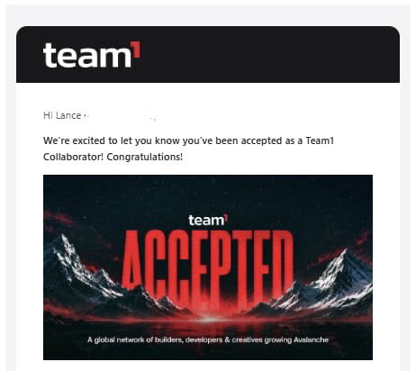 An email notification from Team1 informing 'Lance' that he has been accepted as a Team1 Collaborator, featuring a graphic reading 'ACCEPTED' with the tagline 'A global network of builders, developers & creatives growing Avalanche'.