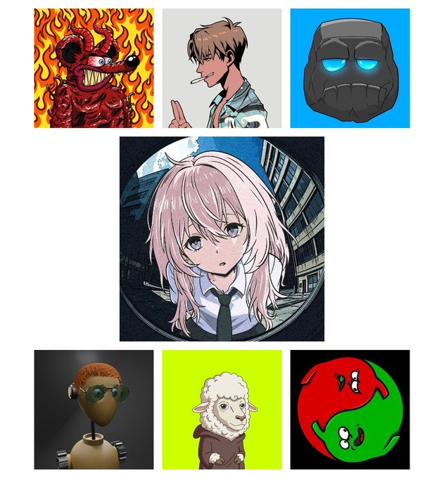 A grid of seven NFT collection images for the August 4 mints, featuring a red flame demon, a smoking anime man, a gray stone head with glowing eyes, a pink-haired anime girl, a wooden mannequin with orange hair, a hooded sheep, and a red-and-green yin-yang symbol with cartoon eyes. The post lists mints for Momo, Monsters, and Weirdos with their respective supply counts and prices.