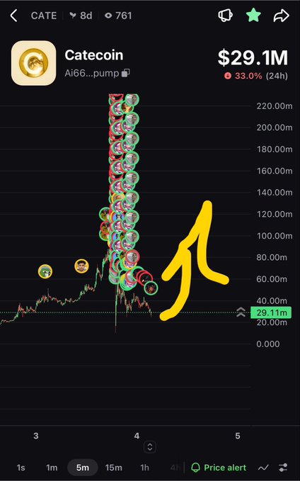 A cryptocurrency chart for Catecoin (CATE) shows a price of $29.1M, up 33.0% in 24 hours, with a massive vertical price spike annotated by a yellow arrow indicating a pump.