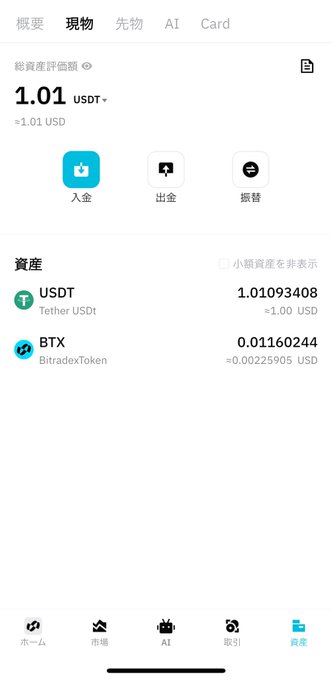 A screenshot of the BitradeX mobile app showing a portfolio with 1.01093408 USDT and 0.01160244 BTX (BitradexToken), confirming the user's report that after converting to USDT, they are unable to withdraw their funds on-chain.