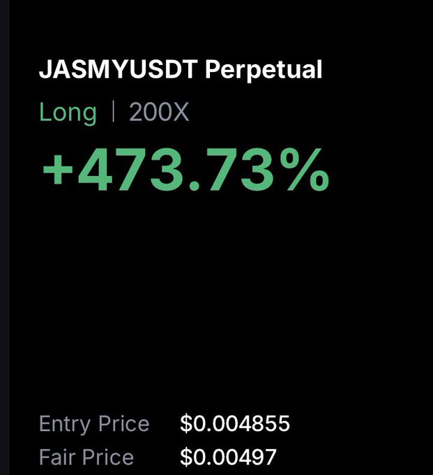 A crypto trading position screenshot showing a JASMYUSDT Perpetual long position at 200X leverage with a +473.73% gain, entered at $0.004855 with a fair price of $0.00497—celebrating the massive leveraged win on $jasmy.