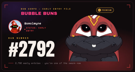 A promotional graphic for the Sun Corps – Early Entry File featuring a red rabbit mascot named "Bubble Buns" with the BUN Number #2792 and a @smolwyne username marked as "Early Entry," promoting a limited whitelist opportunity on the Avalanche ecosystem with only 2,700 early entries available.