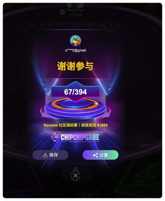 A screenshot from a gaming app shows a '谢谢参与' (Thank you for participating) message with a score of '67/394' and 'CHIPCHIPGAME' branding.