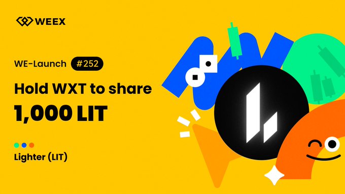 A promotional graphic for WEE (WE-Launch #252) with a yellow background advertising 'Hold WXT to share 1,000 Lighter (LIT)' featuring colorful mascot illustrations.