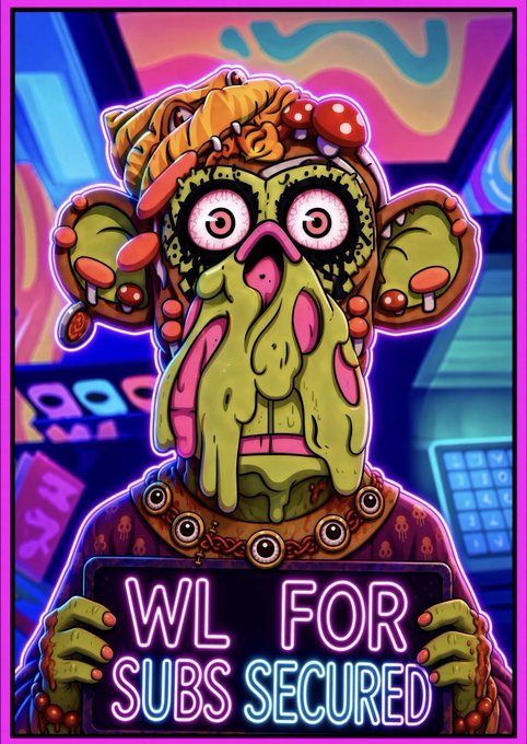 A grotesque, slime-dripping green monster with bulging eyes and a tangled brain on its head holds up a neon sign reading "WL FOR SUBS SECURED," celebrating a successful user-generated content (UGC) campaign where subscribers were rewarded with whitelist spots for the @PoweredByVolt mint.