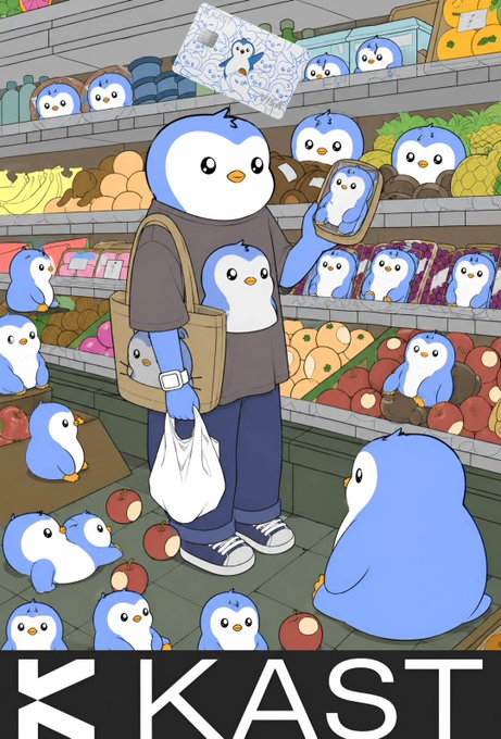 A digital illustration featuring multiple blue penguin characters in a grocery store setting, with the text 'K KAST' at the bottom.