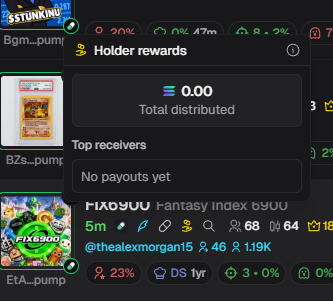 The image shows a screenshot from Pump.fun displaying a "Holder rewards" panel with 0.00 SOL total distributed and no payouts yet, alongside the FIX8900 token (EtA_pump) showing a 23% gain. This visual relates to the post announcing Pump.fun's new upgrade from "cashback" to "all fees to holders," suggesting the platform's new fee distribution feature is being tested on this newly launched token.