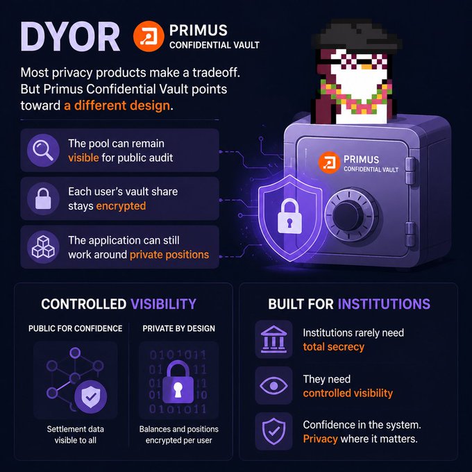 Marketing graphic for 'Primus Confidential Vault' explaining that the pool remains visible for public audit while each user's vault stays encrypted, labeled 'DYOR'.