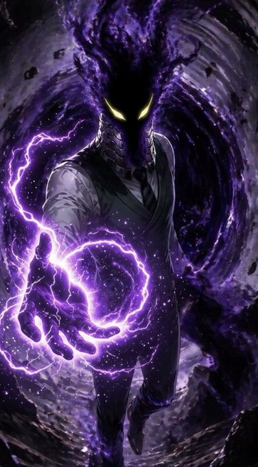 The image features a man with a black face wearing a suit and tie holding a lightning bolt in his hand. The background is dark purple, creating an intense atmosphere. There are also some words visible that seem to be related to the post or the artist's name.