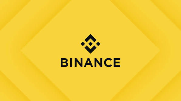 The Binance logo is displayed in black on a bright yellow background with diamond shapes.