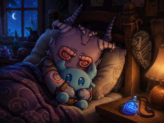 The image features a cartoon monster with horns, lying down on a bed next to a pillow. A blue stuffed animal is also present on the bed. The background of the image shows a night scene with a window and a lamp providing light. There are two posts in the image that say "got a couple for my KODAs".
