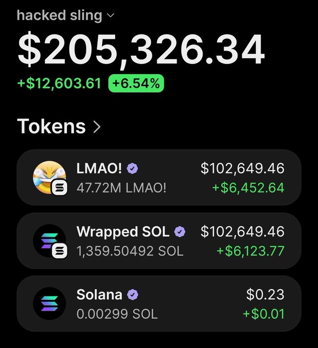 A screenshot of a crypto wallet named "hacked sling" shows a total balance of $205,326.34 (+6.54%), holding 47.72M $LMAO tokens (valued at $102,649.46), Wrapped SOL (1,359.50 SOL worth $102,649.46), and 0.00299 SOL ($0.23), which is being used to promote a giveaway of the supposedly compromised wallet's contents.
