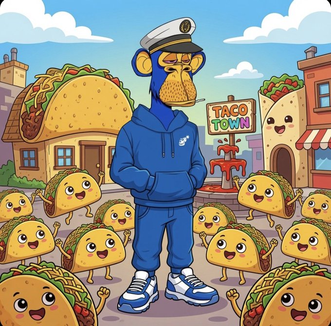 A cartoon captain monkey in a blue Nike tracksuit and sailor hat stands amid an army of smiling tacos in "Taco Town," complete with a tomato fountain and giant taco buildings, perfectly matching the cheerful "Good morning Web3, Happy Taco Tuesday" vibe.