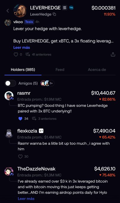 A DexScreener page for the LEVERHEDGE token showing a price of $0.000381 (11.93%), with posts from users rasmr ($10,440.67), flexkoza ($7,490.04), and TheDazzleNovak ($4,626.10) discussing 3x leveraged Bitcoin trading.