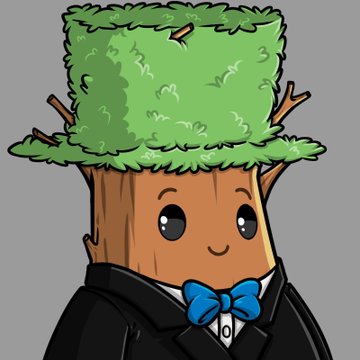 A cartoon character called Woody Woodpecker-like tree mascot with a smiling brown stump body, green leafy hair, wearing a black tuxedo with a blue bow tie.