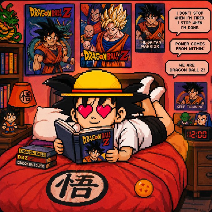 A pixel-art illustration of a young Goku lying on a red bed reading a 'Dragon Ball Z' manga, with heart-shaped eyes and a straw hat. The bedroom features Dragon Ball Z posters, and speech bubbles contain text including 'I DON'T STOP WHEN I'M TIRED. I STOP WHEN I'M DONE.', 'POWER COMES FROM WITHIN.', and 'WE ARE DRAGON BALL Z!'.