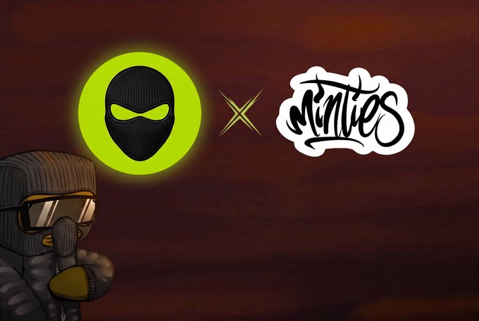 A graphic showing a collaboration between a masked character and a graffiti-style 'Minties' logo, with a yellow circle containing a ninja mask icon between them on a dark wooden background.