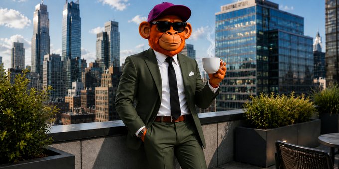 A digital image of a chimpanzee wearing a green business suit, purple cap, and sunglasses, standing on a rooftop terrace holding a white coffee cup with a city skyline in the background.