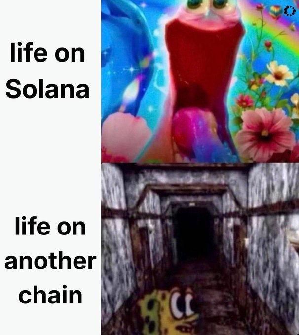 A meme comparing 'life on Solana' (depicted as a colorful, vibrant SpongeBob scene) with 'life on another chain' (depicted as the dark, creepy Backrooms).
