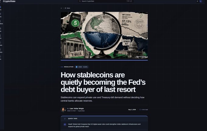 A screenshot of a CryptoSlate article titled "How stablecoins are quietly becoming the Fed's debt buyer of last resort" by Liam 'Akiba' Wright.