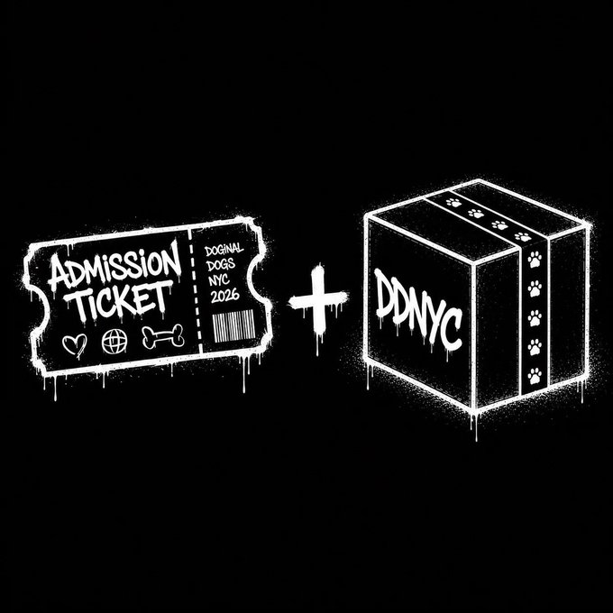 White graffiti-style artwork on a black background showing an 'Admission Ticket' for 'Doginal Dogs NYC 2026' next to a box labeled 'DDNYC' decorated with paw prints.