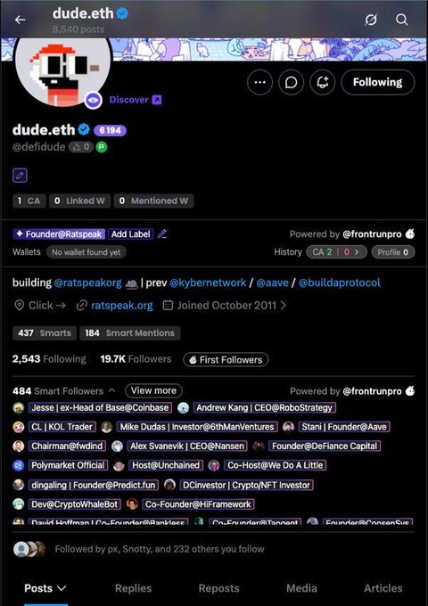 The image shows a Twitter/X profile for "dude.eth" (@defidude), a founder of RATSPEAK with 8,540 posts, 2,543 following, 19.7K followers, and notable smart followers like Andrew Kang (CEO@RoboStrategy), Stani (Founder@Aave), and Polymarket Official, highlighting the developer's strong connections in crypto as referenced in the post praising the RATSPEAK project's leadership.