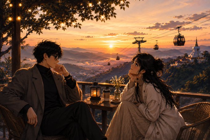 The image features a man and woman sitting at an outdoor table with chairs, enjoying each other's company during sunset. The scene takes place near a mountain top or hillside, providing a beautiful backdrop for their conversation. They are seated on wooden chairs under a tree, which adds to the serene atmosphere of the moment. The couple appears to be engaged in a deep discussion, possibly about life, love, or other personal matters.