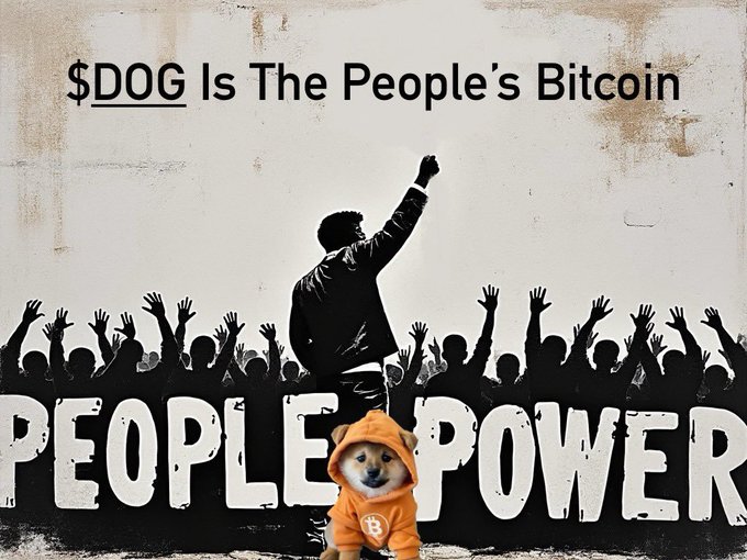 A graphic declaring '$DOG Is The People's Bitcoin' with 'PEOPLE POWER' text and a crowd raising their hands, featuring a Shiba Inu dog wearing an orange Bitcoin hoodie.
